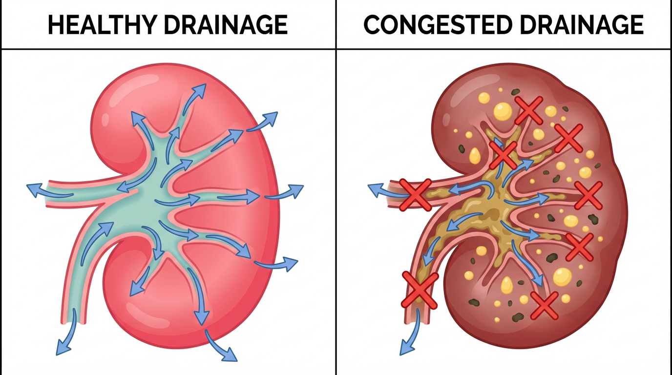 Healthy kidney drainage vs congested kidney drainage comparison