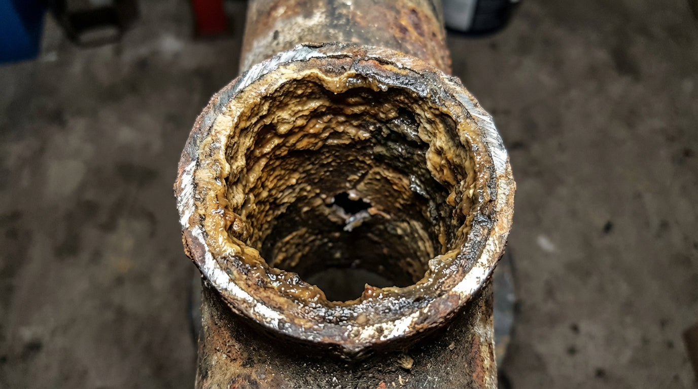 Clogged pipe cross-section showing debris buildup