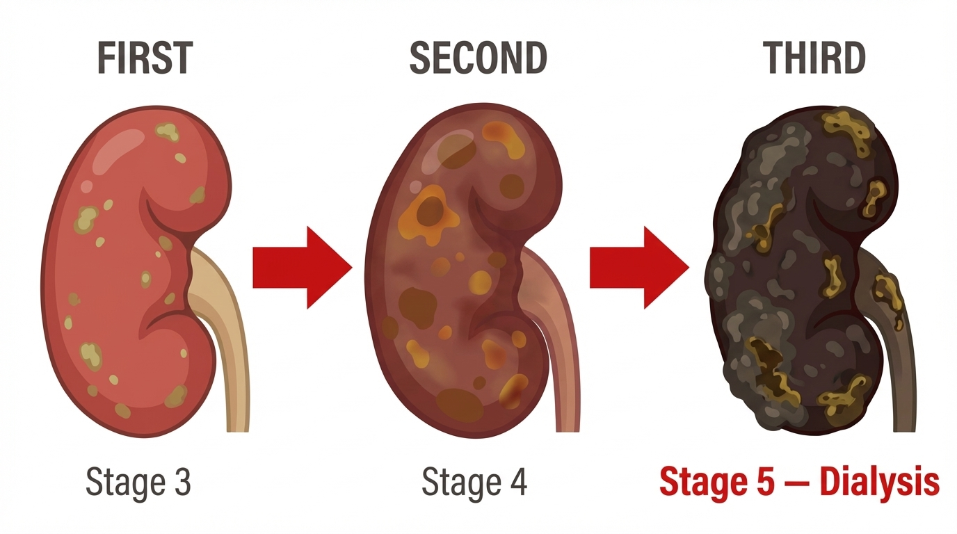 Kidney disease stage progression from Stage 3 to Stage 5 dialysis