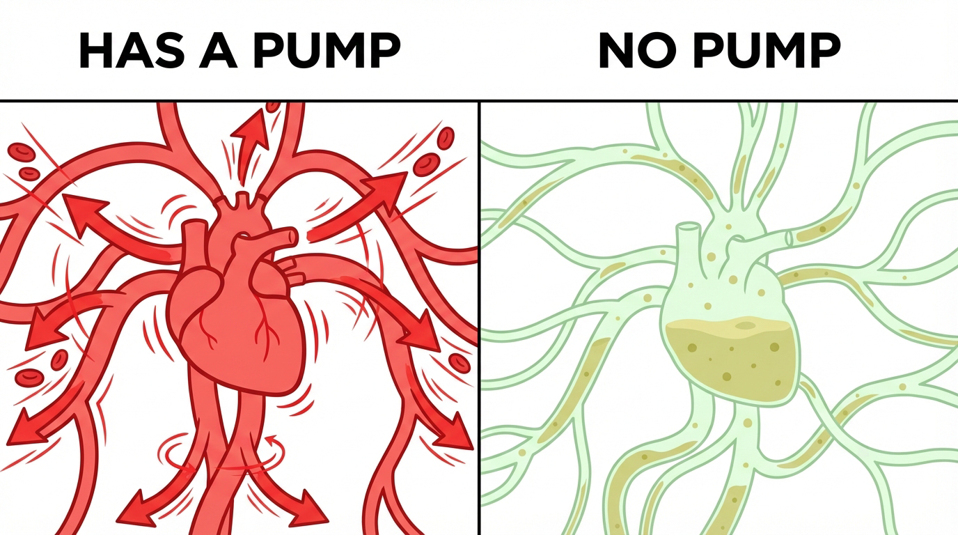 Heart has a pump vs lymphatic system has no pump comparison