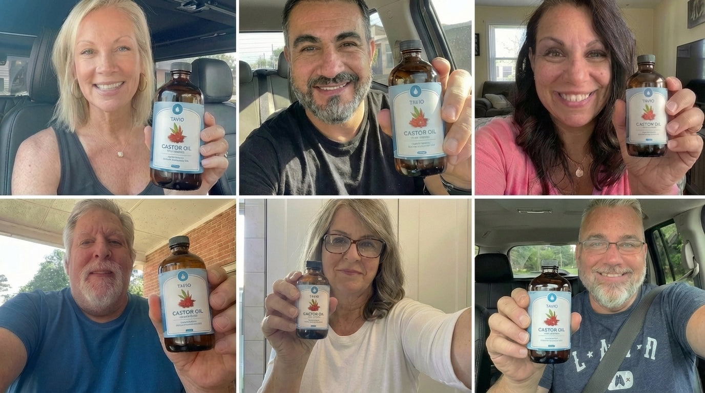 Real Tavio customers holding their castor oil pack systems