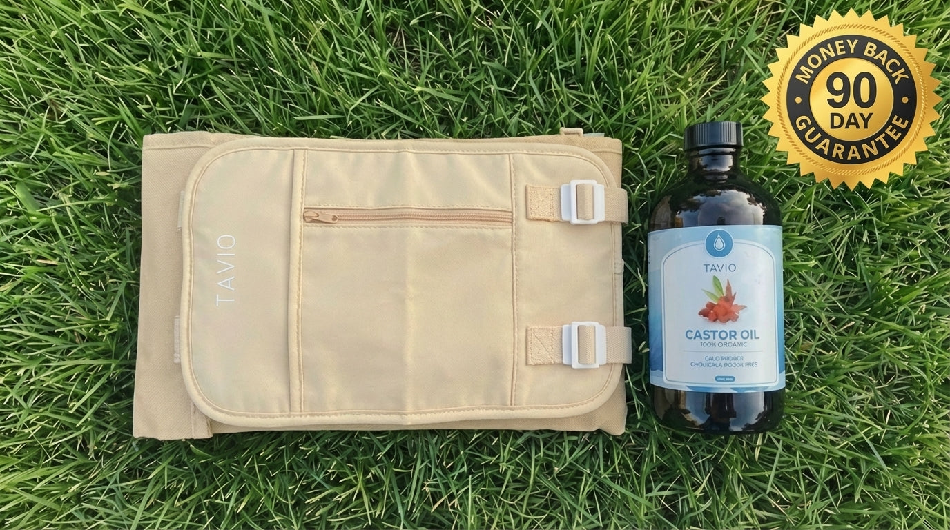 Tavio Castor Oil Pack with 90-day money-back guarantee badge